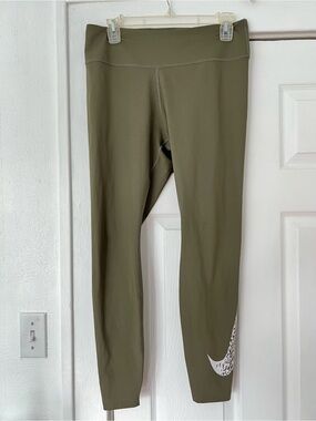 Nike Olive Green Dri-FIT Leggings with White Cheetah Print Swoosh Size Large